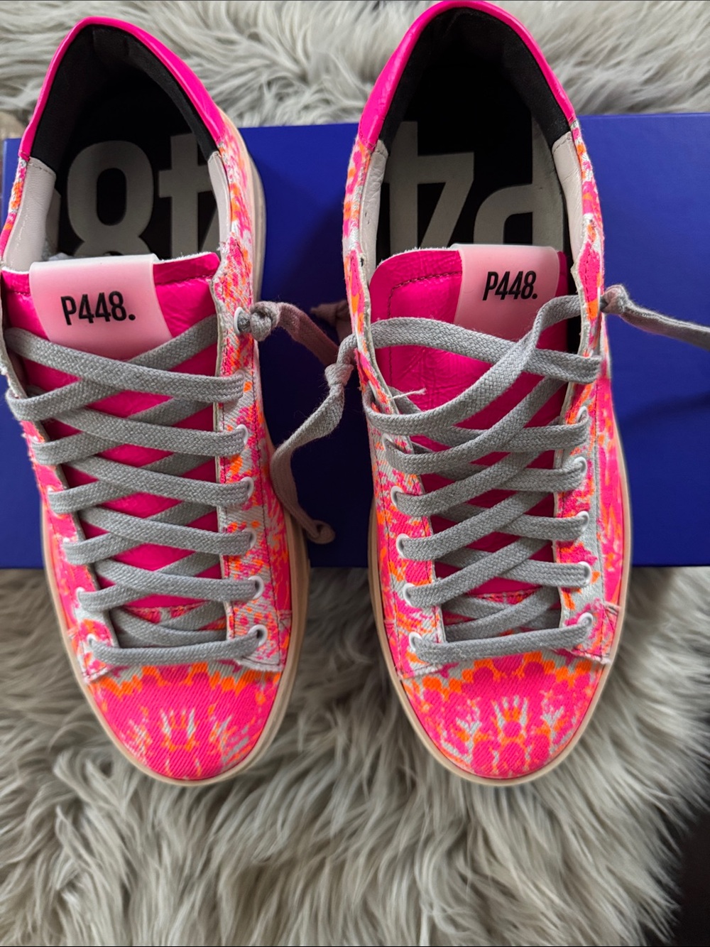 P448 Hot Pink Paisley Print Low Top Sneakers with Gray Laces